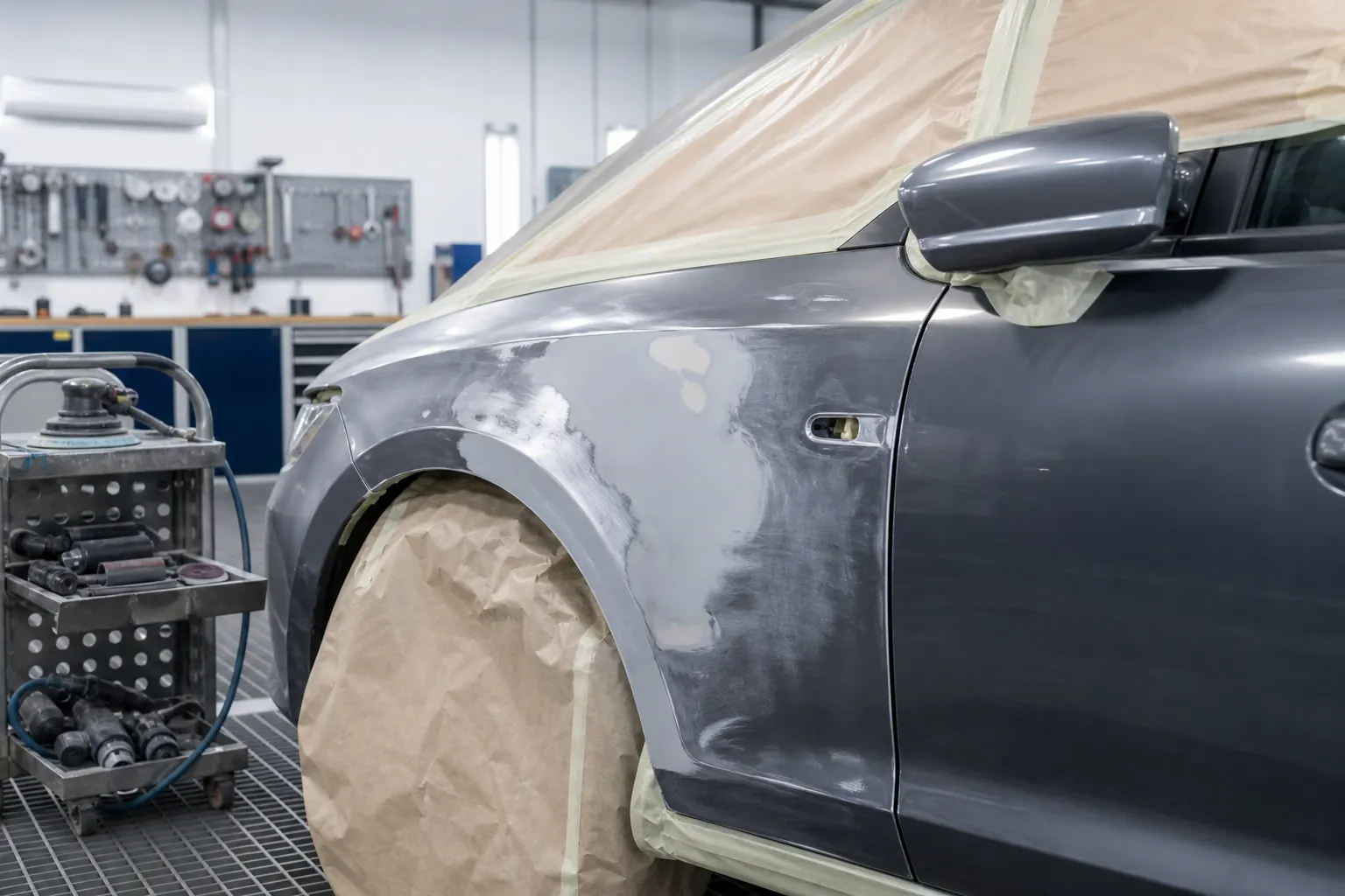 Veiculo em reparo de lataria em oficina automotiva