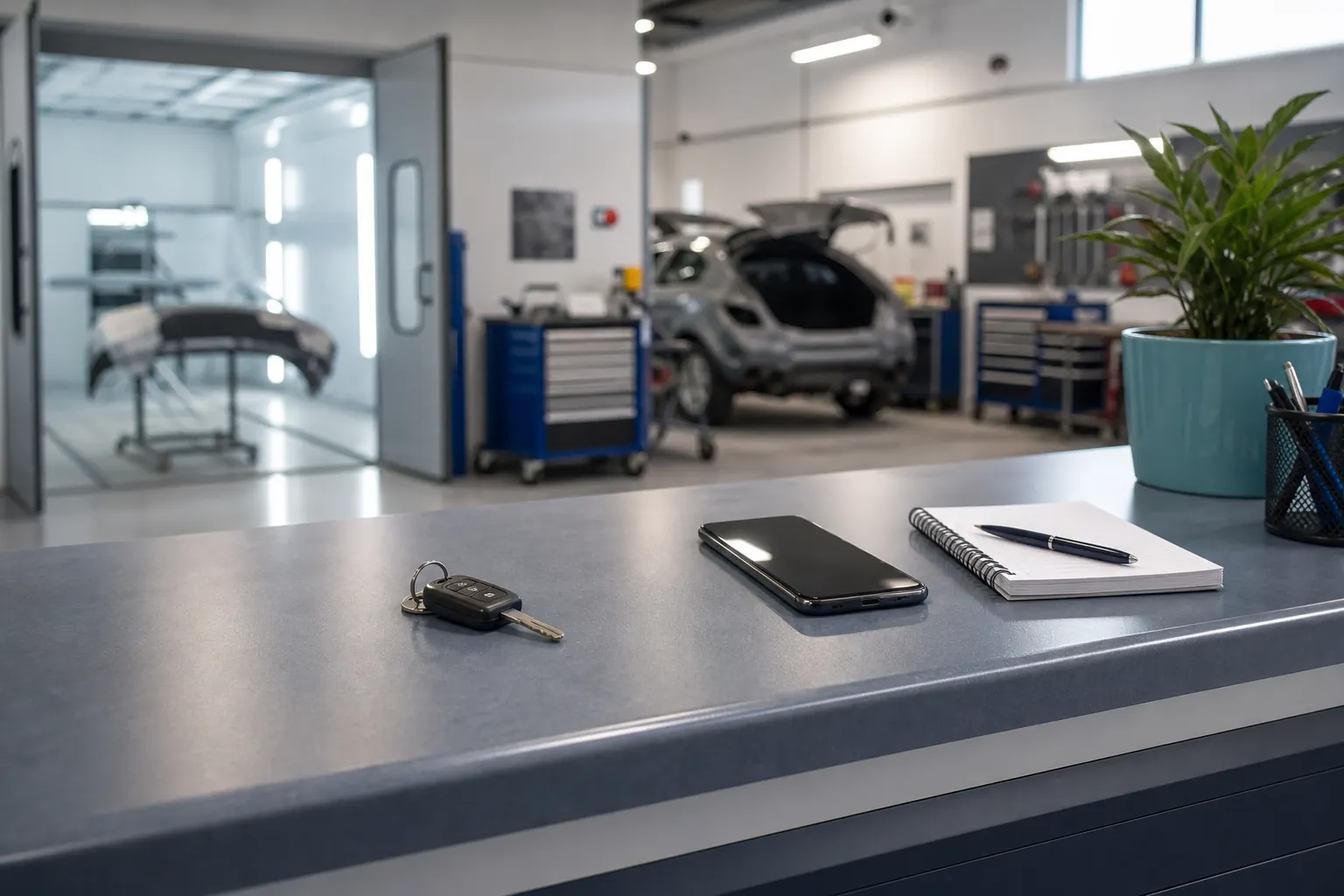 Balcao de atendimento com celular e oficina automotiva ao fundo