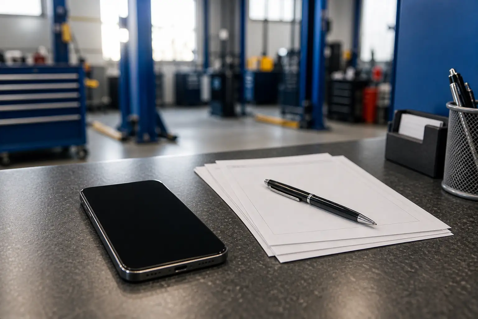 Balcao de atendimento com celular de tela vazia e papeis em branco