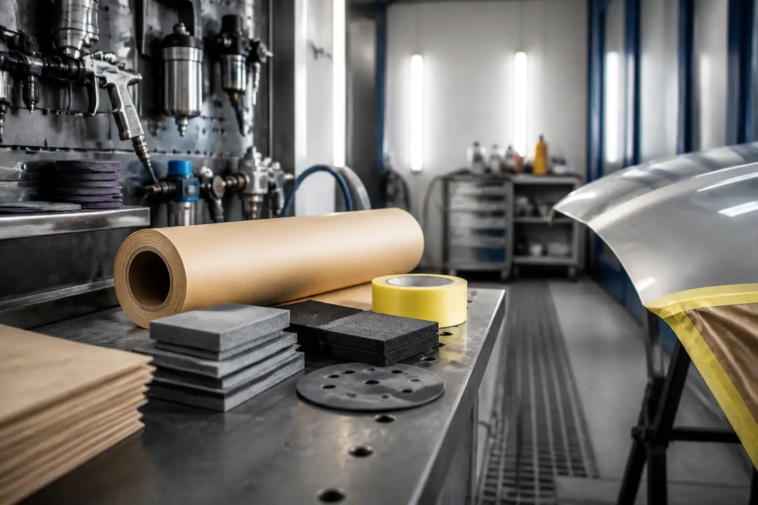 Bancada organizada com materiais de preparacao para pintura automotiva