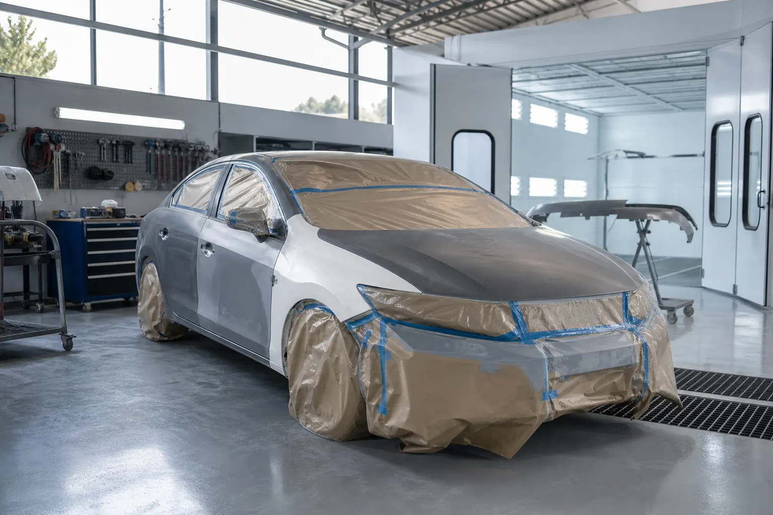 Veiculo em preparacao para pintura em oficina automotiva organizada