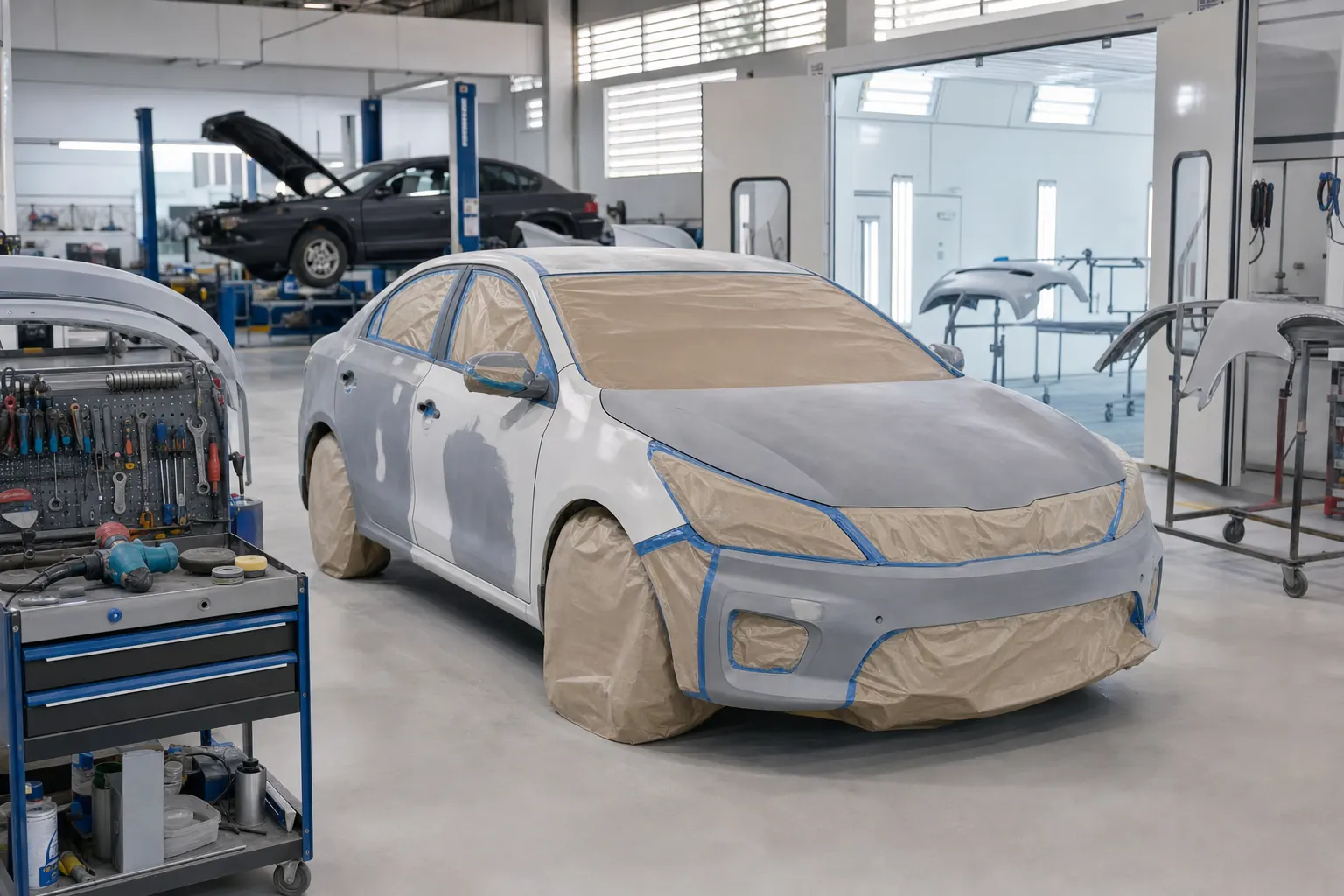 Area de oficina automotiva organizada com servicos de funilaria, pintura e suporte