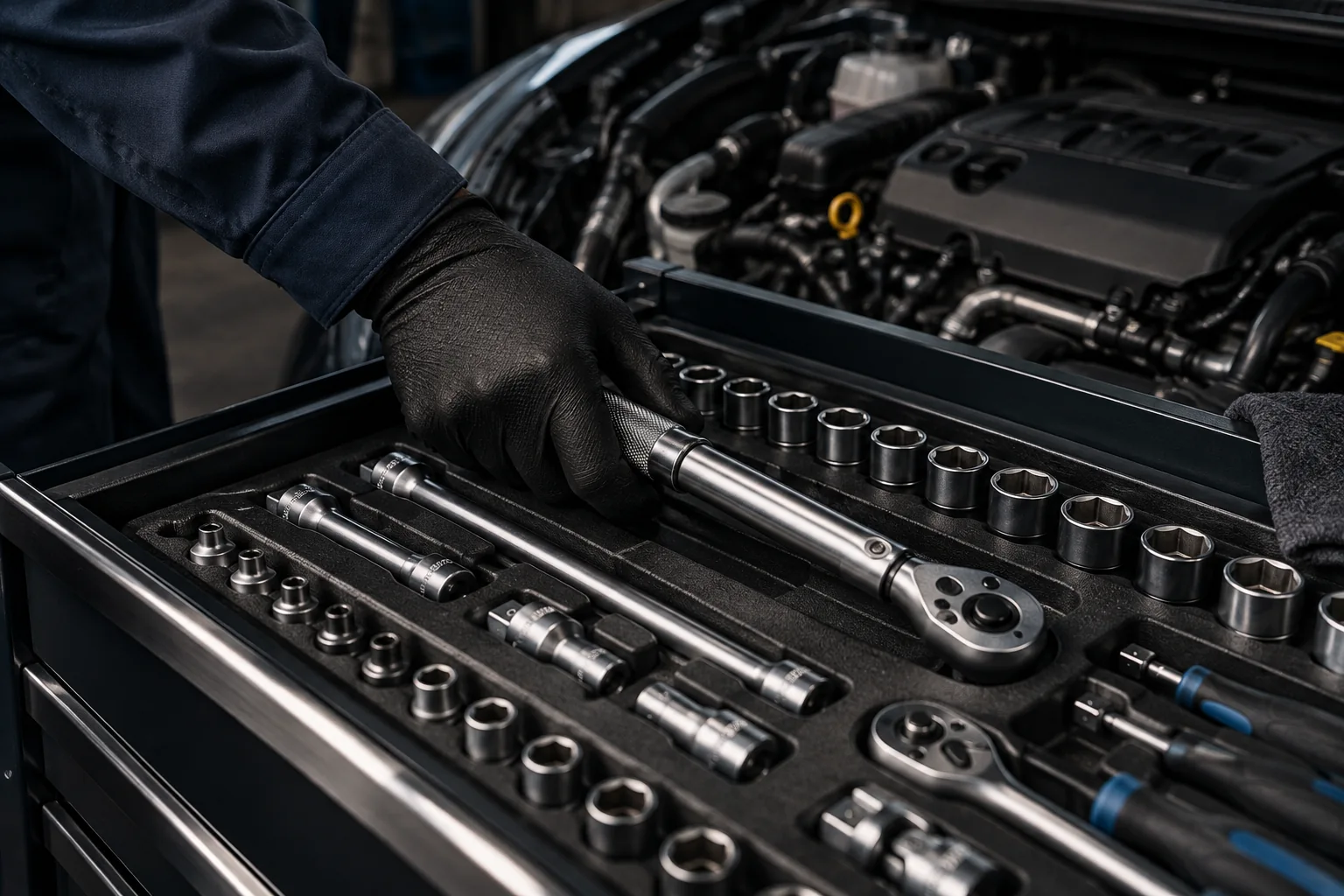 Ferramentas alinhadas e torquímetro para manutenção automotiva