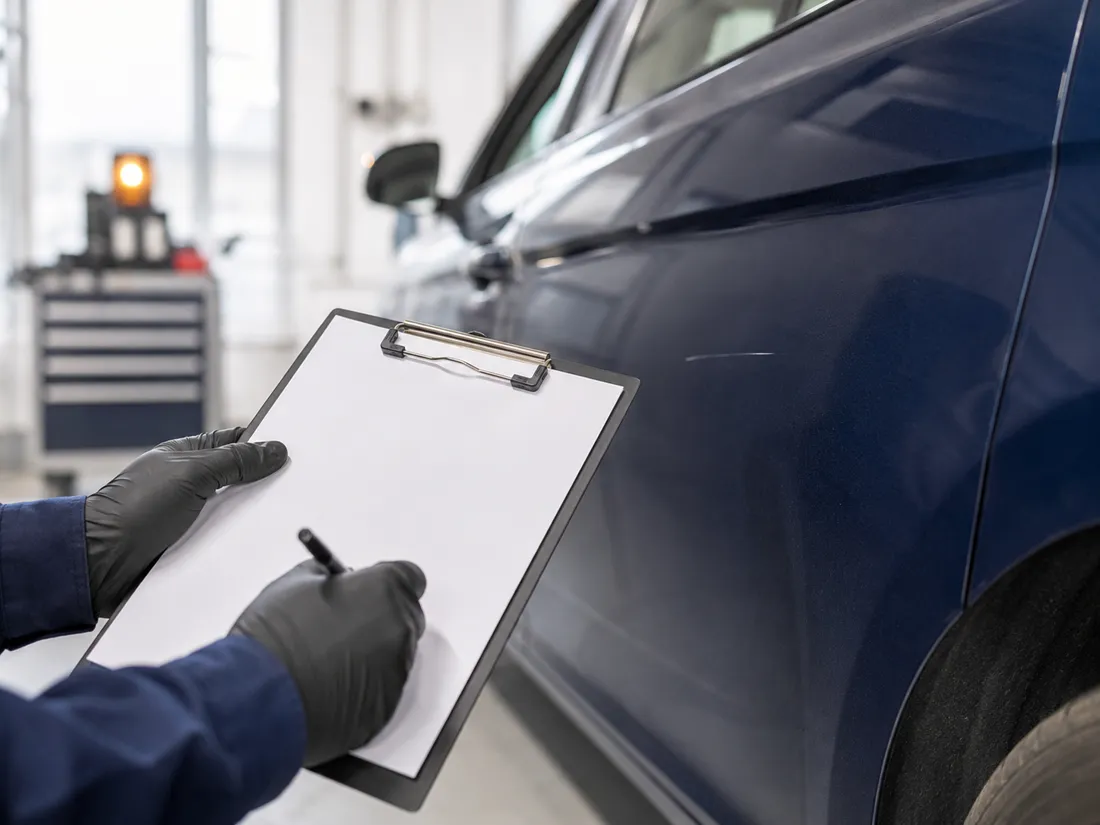 Avaliação calma da lataria de um carro com prancheta de checklist, em oficina clara.