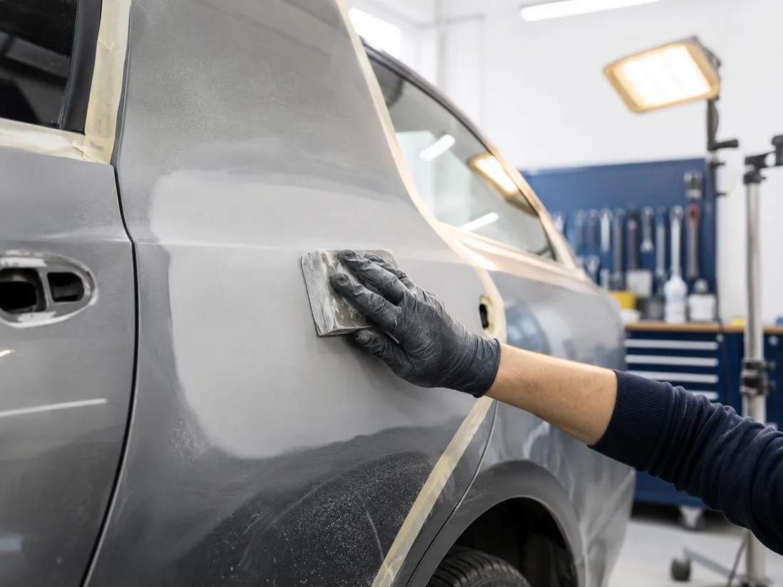 Lataria de carro em preparação antes da pintura, com lixamento e fita de proteção, em oficina clara.